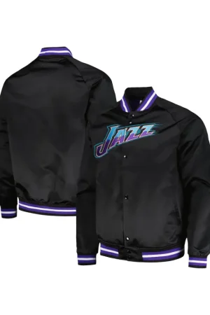 Men's Utah Jazz Mitchell & Ness Black Hardwood Classics Throwback Wordmark Raglan Full-Snap Jacket