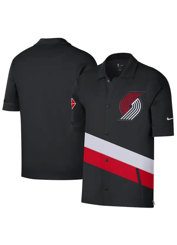 Men's Portland Trail Blazers Nike Black/Red 2021/22 City Edition Therma Flex Showtime Short Sleeve Full-Snap Collar Jacket 1 Men's Portland Trail Blazers Nike Black/Red 2021/22 City Edition Therma Flex Showtime Short Sleeve Full-Snap Collar Jacket