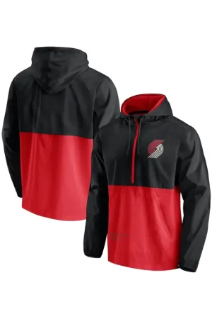 Men's Portland Trail Blazers Fanatics Black/Red Anorak Block Party Windbreaker Half-Zip Hoodie Jacket
