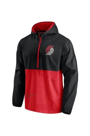 Men's Portland Trail Blazers Fanatics Black/Red Anorak Block Party Windbreaker Half-Zip Hoodie Jacket