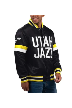 Men's Utah Jazz Starter Black Home Game Satin Full-Snap Varsity Jacket