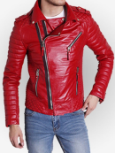 Padded Sleeve Biker Red Leather Jacket