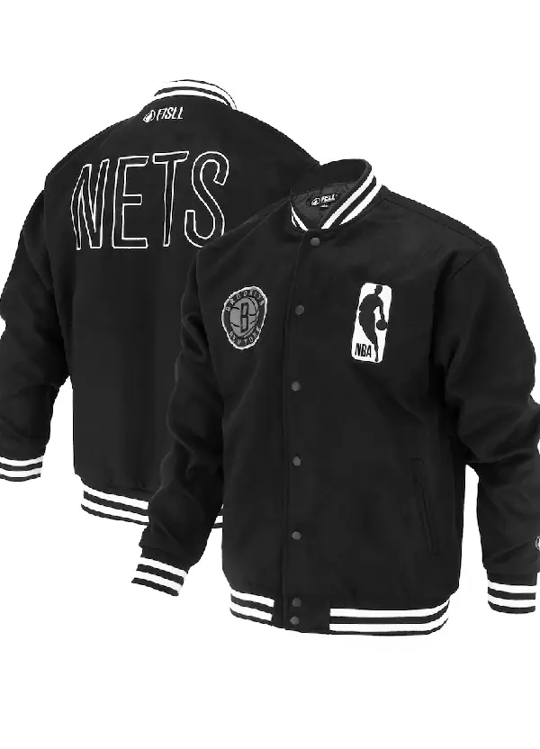 Unisex Brooklyn Nets FISLL Black Logoman Shadow Collection Full-Snap Varsity Jacket 1 Unisex Nets FISLL Black Shadow Varsity Snap Jacket