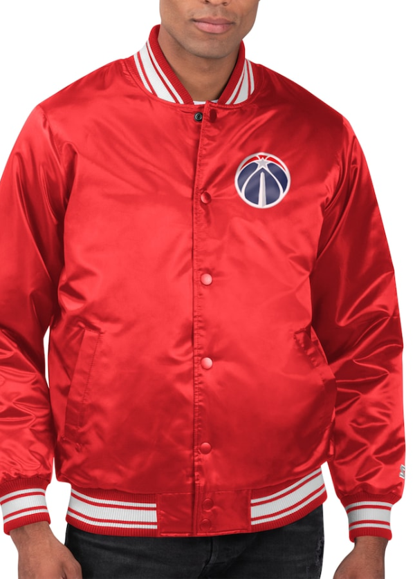 Men's Washington Wizards Starter Red Printed Team Name Satin Varsity Full-Snap Jacket 1 Men's Washington Wizards Starter Red Printed Team Name Satin Varsity Full-Snap Jacket