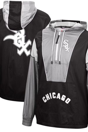 Men's Chicago White Sox Mitchell & Ness Black Highlight Reel Windbreaker Half-Zip Hoodie Jacket