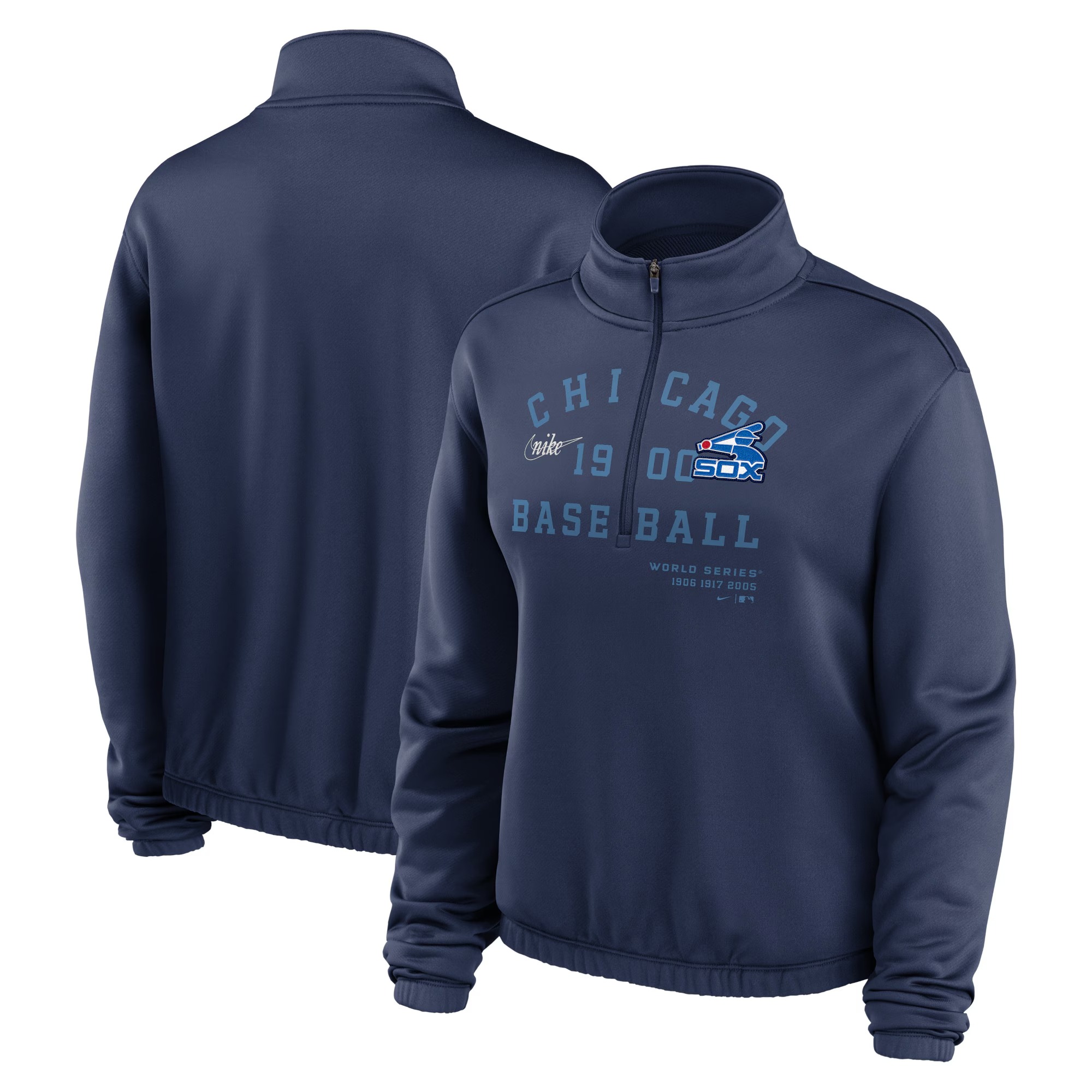 Women's Chicago White Sox Nike Navy Rewind Splice Half-Zip Semi-Cropped Bubble Hem Sweatshirt 1 Women's Chicago White Sox Nike Navy Rewind Splice Half-Zip Semi-Cropped Bubble Hem Sweatshirt