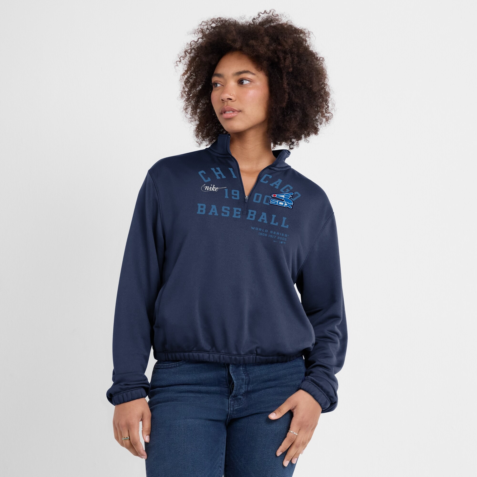 Women's Chicago White Sox Nike Navy Rewind Splice Half-Zip Semi-Cropped Bubble Hem Sweatshirt 3 Women's Chicago White Sox Nike Navy Rewind Splice Half-Zip Semi-Cropped Bubble Hem Sweatshirt - Image 3