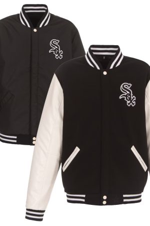 Men's Chicago White Sox JH Design Black Reversible Fleece Jacket with Faux Leather Sleeves
