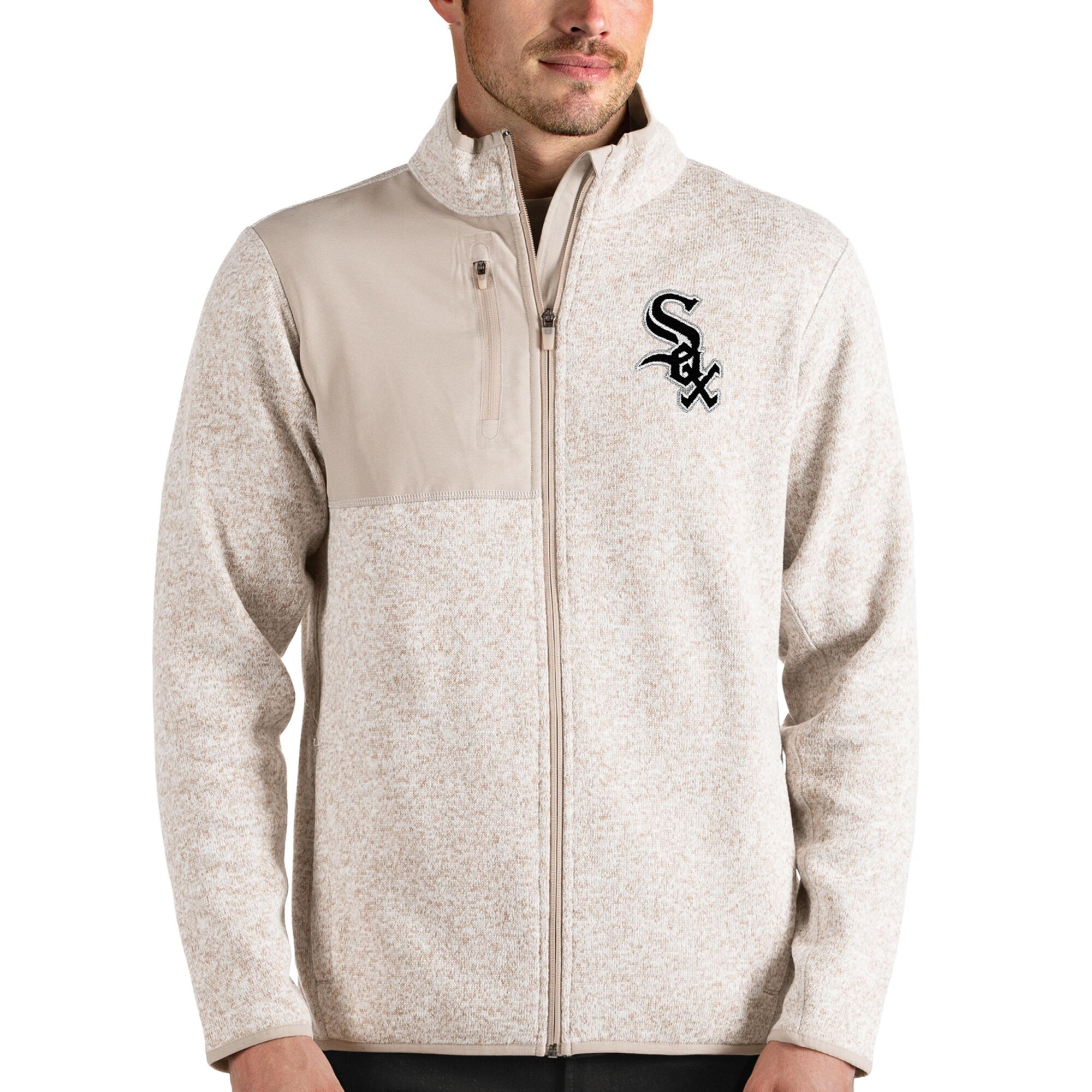 Men's Chicago White Sox Antigua Oatmeal Fortune Full-Zip Jacket 1 Men's Chicago White Sox Antigua Oatmeal Fortune Full-Zip Jacket