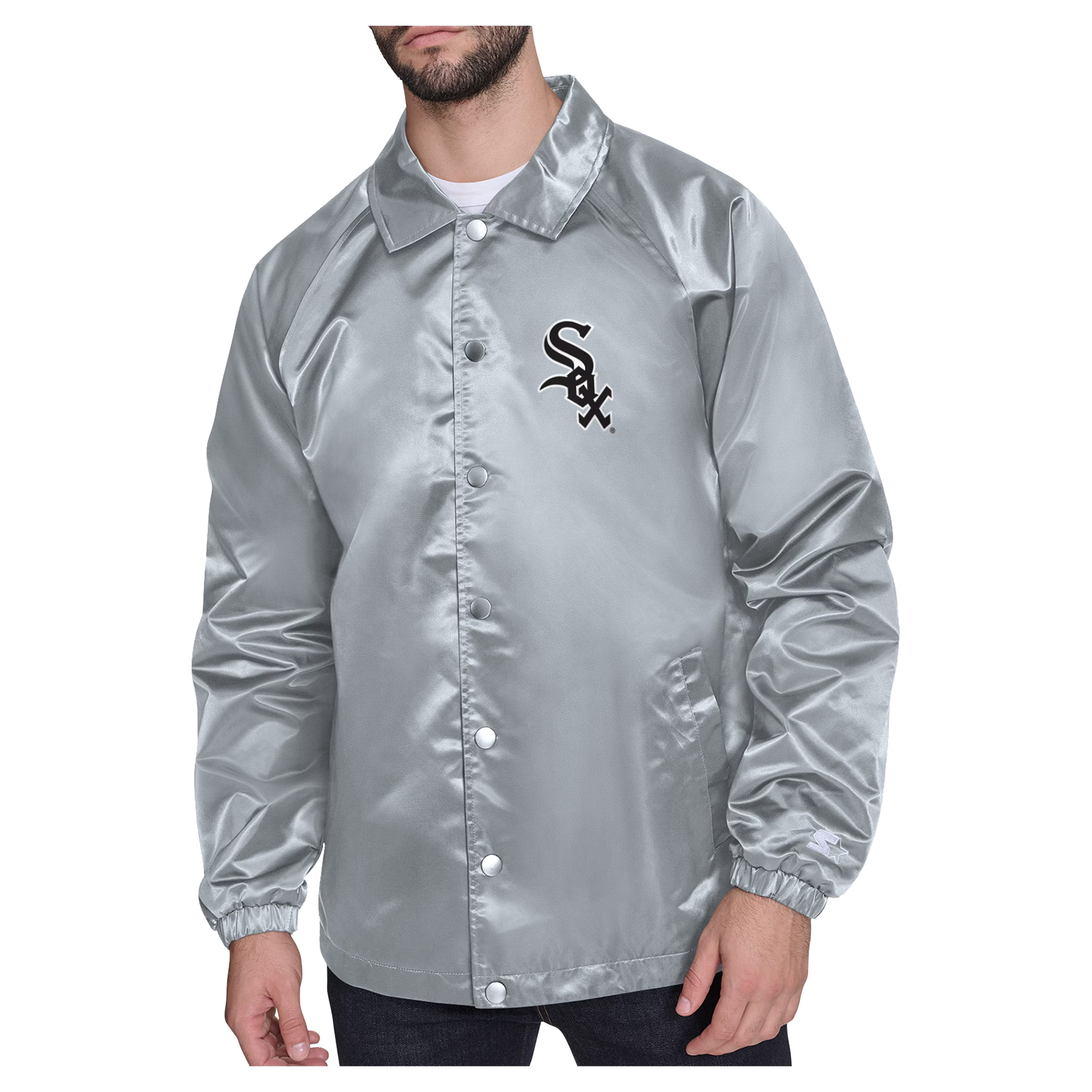 Men's Chicago White Sox Starter Gray Shield Logo Raglan Coaches Full-Snap Jacket 1 Men's Chicago White Sox Starter Gray Shield Logo Raglan Coaches Full-Snap Jacket