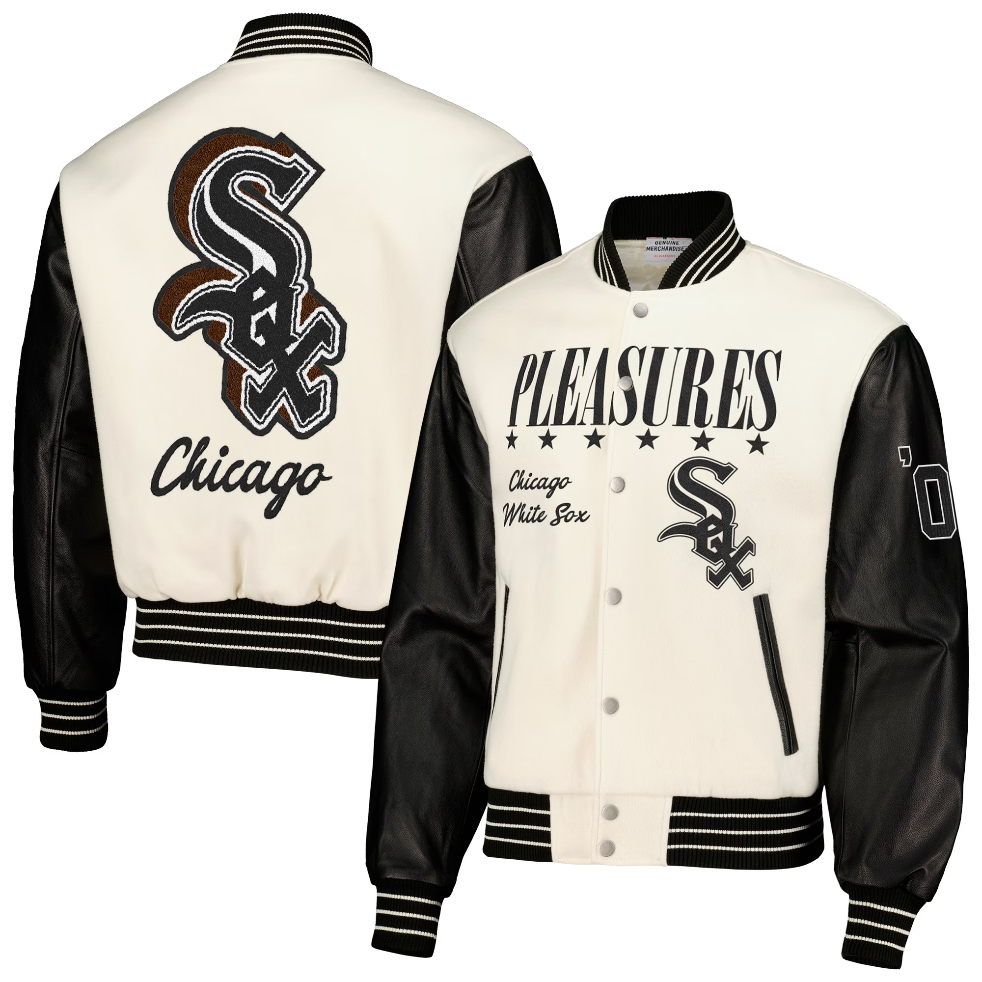 Men's Chicago White Sox PLEASURES White Full-Snap Varsity Jacket 1 Men's Chicago White Sox PLEASURES White Full-Snap Varsity Jacket