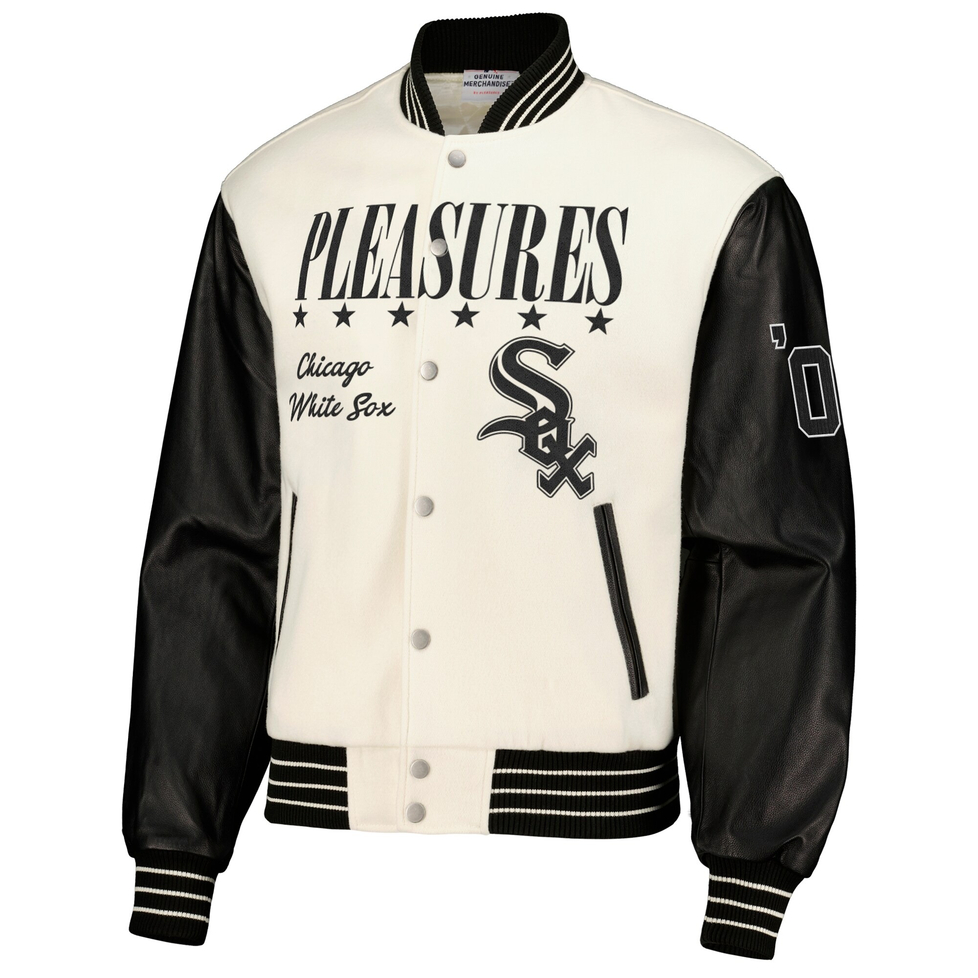 Men's Chicago White Sox PLEASURES White Full-Snap Varsity Jacket 2 Men's Chicago White Sox PLEASURES White Full-Snap Varsity Jacket - Image 2