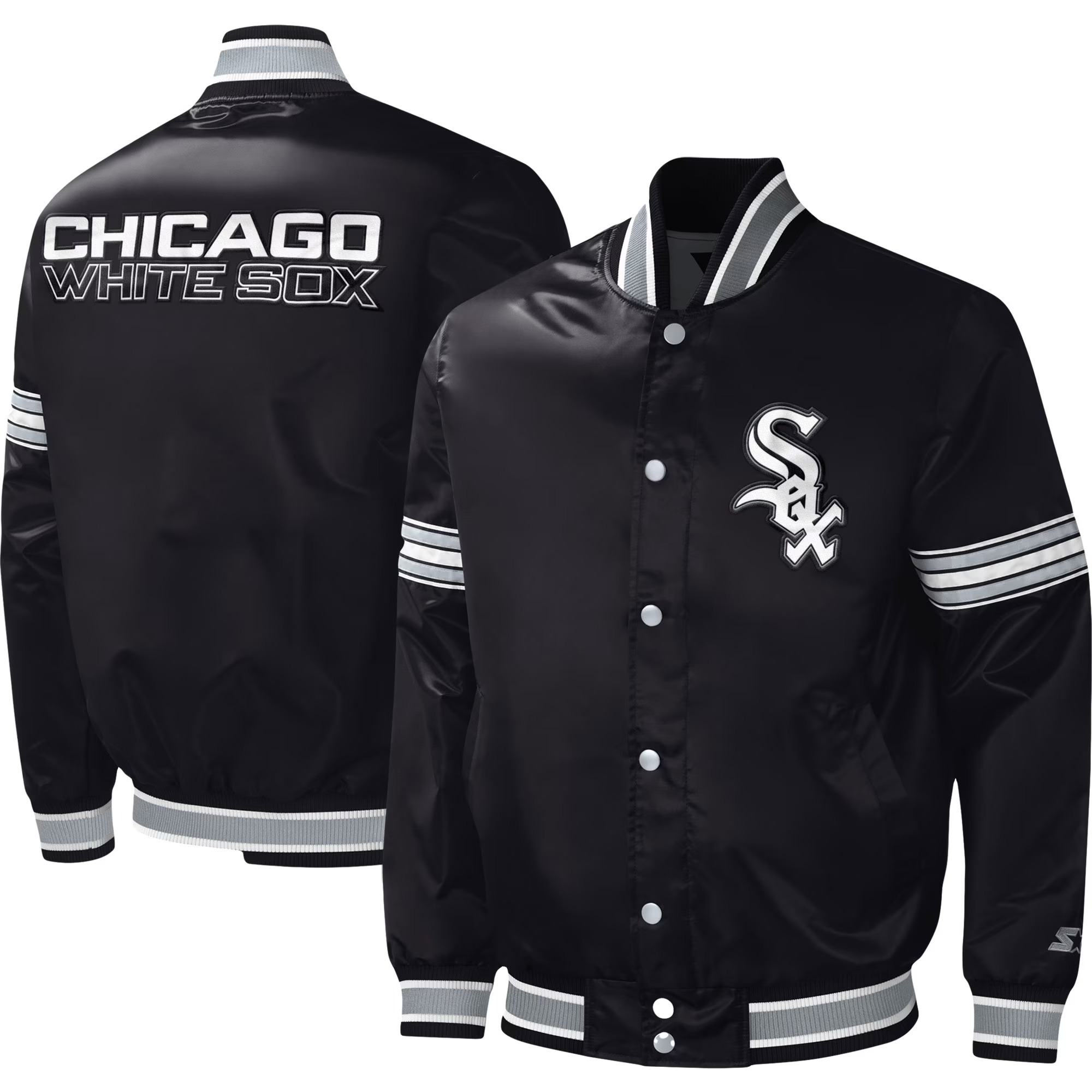 Men's Chicago White Sox Starter Black Midfield Satin Full-Snap Varsity Jacket 1 Men's Chicago White Sox Starter Black Midfield Satin Full-Snap Varsity Jacket
