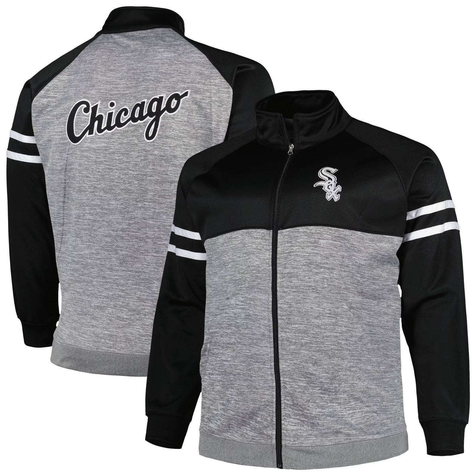Men's Chicago White Sox Black/Heather Gray Big & Tall Raglan Full-Zip Track Jacket 1 Men's Chicago White Sox Black/Heather Gray Big & Tall Raglan Full-Zip Track Jacket