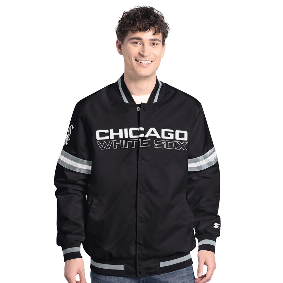 Men's Chicago White Sox Starter Black Scout Full-Snap Varsity Jacket 1 Men's Chicago White Sox Starter Black Scout Full-Snap Varsity Jacket