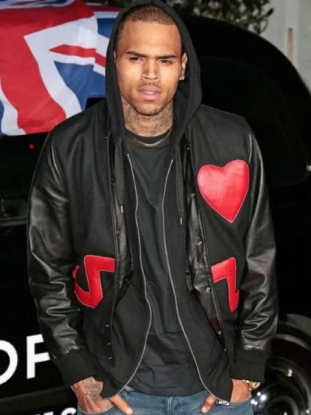 Chris Brown Red Heart Black Leather Jacket 1 Chris Brown Red Heart Black Leather Jacket