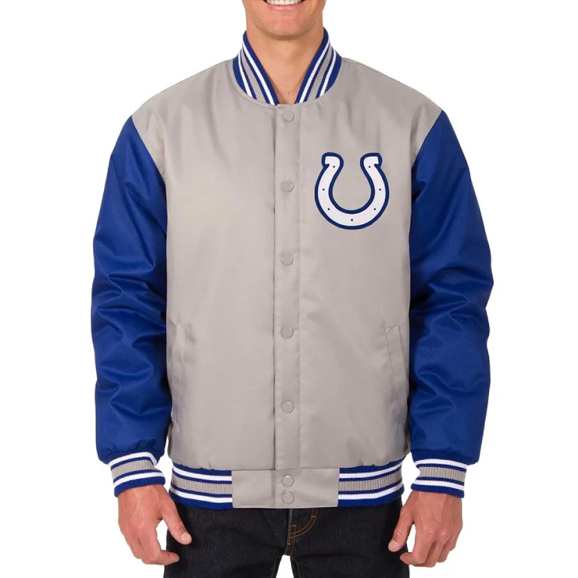 Indianapolis Colts Gray/Royal Poly Twill Varsity Jacket 1 Indianapolis Colts GrayRoyal Poly Twill Varsity Jacket