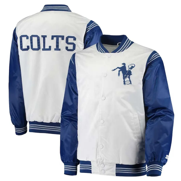 Indianapolis Colts Historic Logo Renegade Satin White/Royal Jacket 1 Indianapolis Colts Historic Logo Renegade Satin WhiteRoyal Jacket