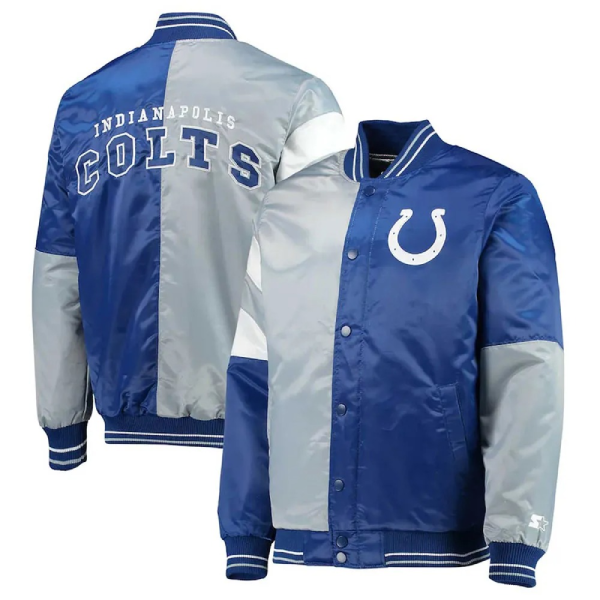 Indianapolis Colts Leader Varsity Royal/Gray Satin Jacket 1 Indianapolis Colts Leader Varsity RoyalGray Satin Jacket