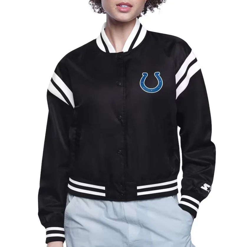 Indianapolis Colts Printed Logo Varsity Satin Jacket 1 Indianapolis Colts Printed Logo Varsity Satin Jacket