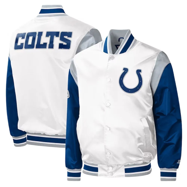 Indianapolis Colts Throwback Warm Up Pitch Varsity White Satin Jacket 1 Indianapolis Colts Throwback Warm Up Pitch Varsity White Satin Jacket