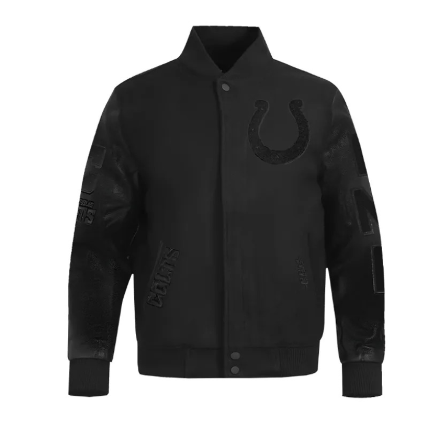 Indianapolis Colts Triple Black Varsity Wool/Leather Jacket 1 Indianapolis Colts Triple Black Varsity WoolLeather Jacket