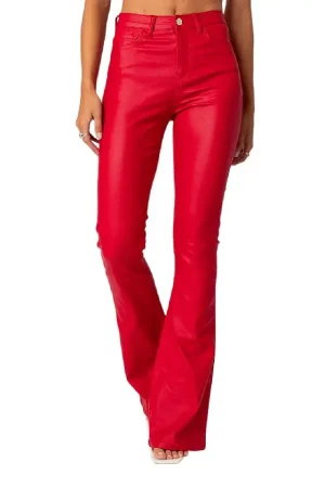 Luna Faux Leather Flare Jeans in Red