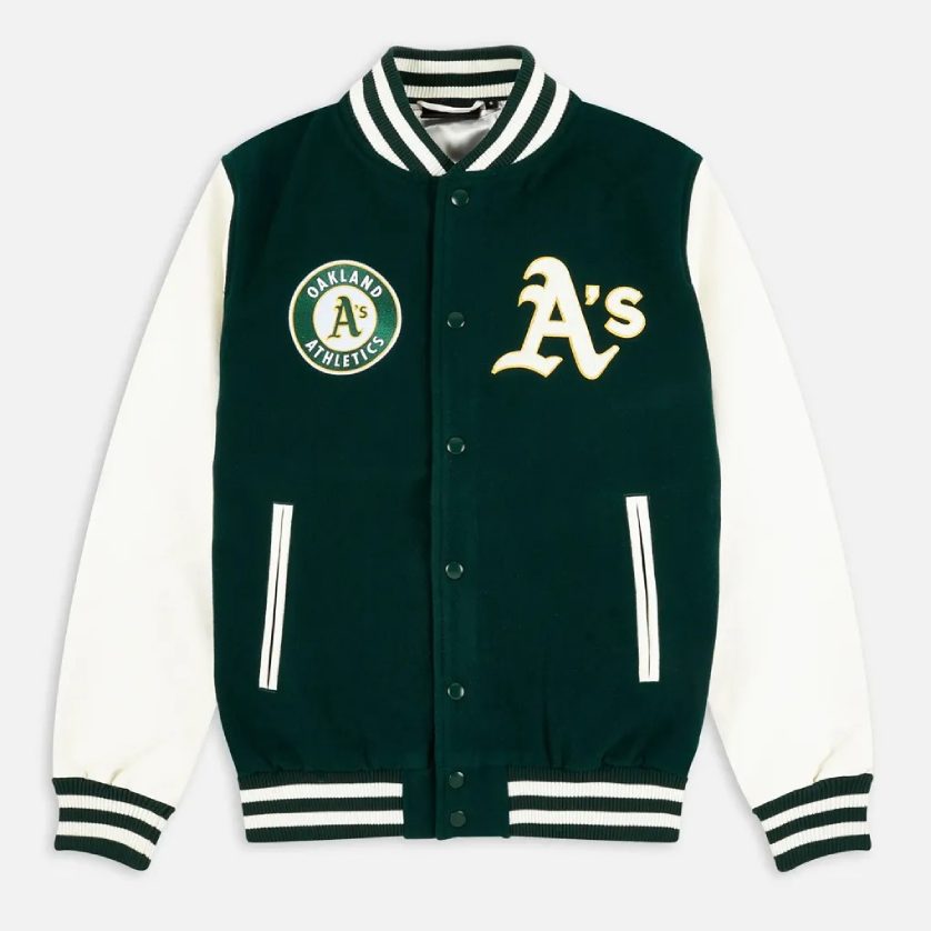 Oakland Athletics Green and White Varsity Jacket 1 Oakland Athletics Green and White Varsity Jacket