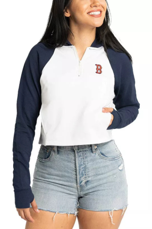 Women's Lusso White Boston Red Sox Jane Raglan Quarter-Zip Tri-Blend Cropped Pullover Hoodie