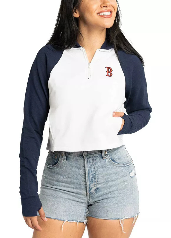 Women's Lusso White Boston Red Sox Jane Raglan Quarter-Zip Tri-Blend Cropped Pullover Hoodie 1 Women's Lusso White Boston Red Sox Jane Raglan Quarter-Zip Tri-Blend Cropped Pullover Hoodie