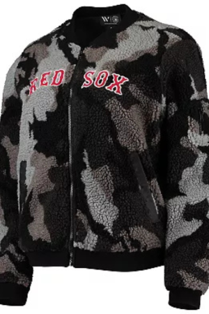 Women's The Wild Collective Black Boston Red Sox Camo Sherpa Full-Zip Bomber Jacket