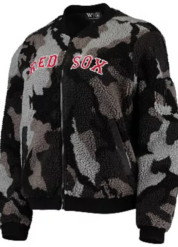 Women's The Wild Collective Black Boston Red Sox Camo Sherpa Full-Zip Bomber Jacket 2 Women's Red Sox Camo Sherpa Bomber Jacket