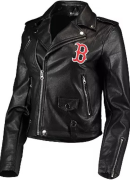 Women's The Wild Collective Black Boston Red Sox Faux Leather Moto Full-Zip Jacket