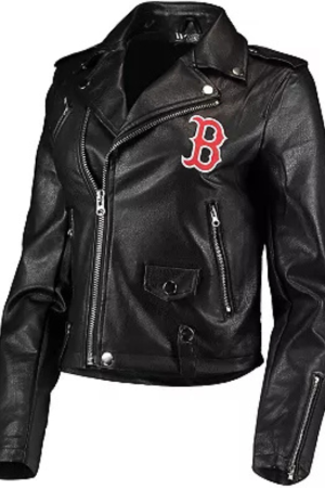 Women's The Wild Collective Black Boston Red Sox Faux Leather Moto Full-Zip Jacket