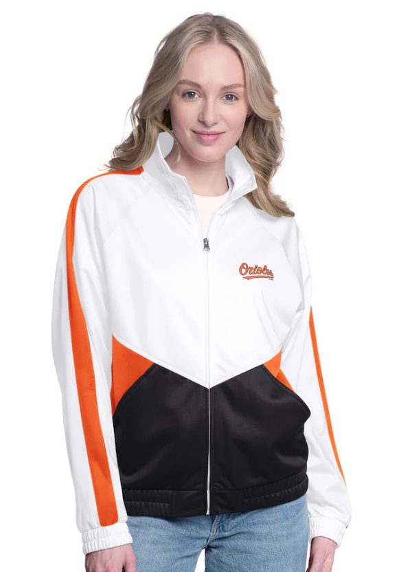 Women's G-III Sports by Carl Banks White/Orange Baltimore Orioles Rally Rhinestone Raglan Full-Zip Track Jacket 1 Women's G-III Sports by Carl Banks White/Orange Baltimore Orioles Rally Rhinestone Raglan Full-Zip Track Jacket