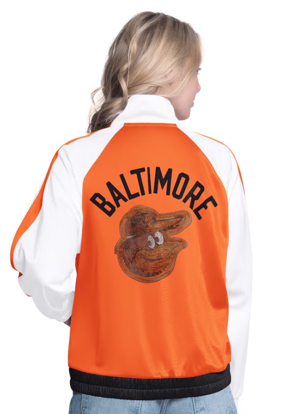 Women's G-III Sports by Carl Banks White/Orange Baltimore Orioles Rally Rhinestone Raglan Full-Zip Track Jacket 2 Women's G-III Sports by Carl Banks White/Orange Baltimore Orioles Rally Rhinestone Raglan Full-Zip Track Jacket